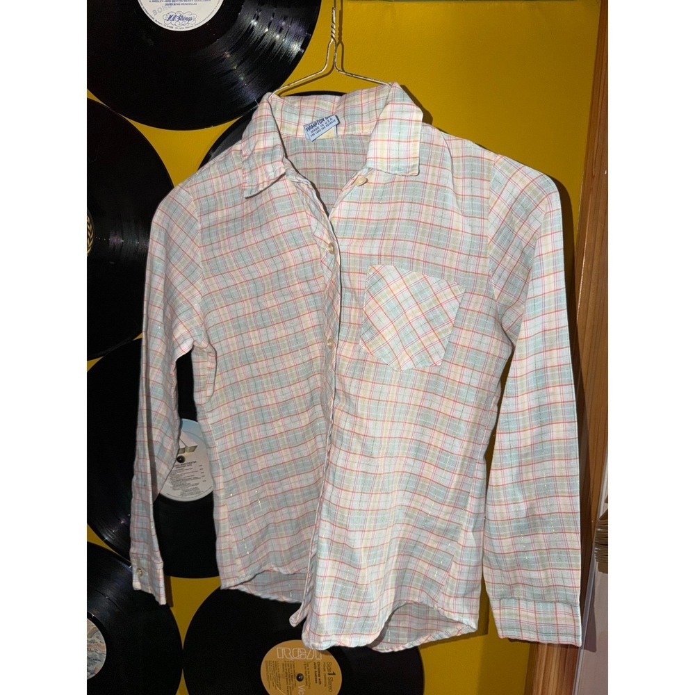 Vintage Hampton Girl Pastel Plaid Button Down Shirt Gold Lurex USA Made Size 8